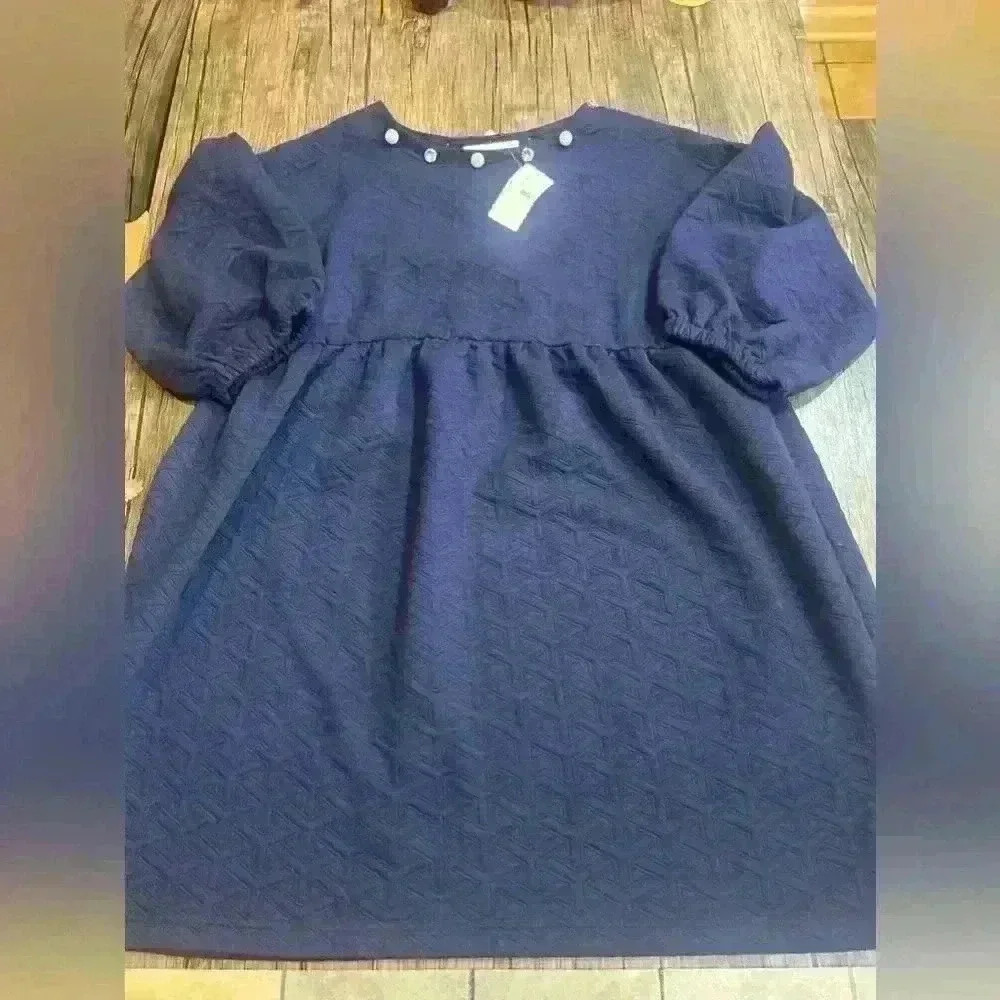 Simply Southern Quilted Dress Embellished Neck Size L Puffed Sleeves